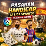Pasaran Handicap La Liga Spanyol Akurat dengan visual pemain sepak bola dan trofi juara.